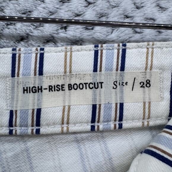 Pilco Pants Womens 28 Cream Brown Blue Striped High Rise Bootcut Raw Hem Casual - Picture 3 of 15